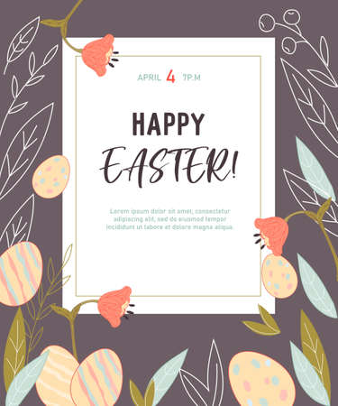 Happy Easter card or banner backdrop with colored eggs and spring flowers, flat vector illustration. Easter party invitation or greeting poster template.のイラスト素材