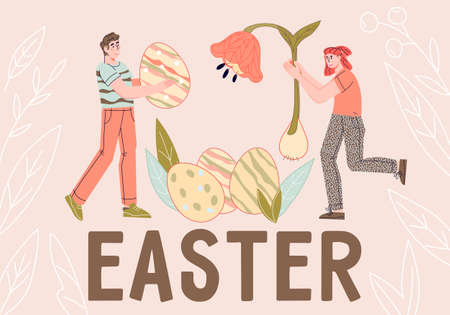 Easter card or banner template with people holding colored eggs and spring flowers above huge Easter word, flat vector illustration isolated on background. Spring holiday banner or poster design.のイラスト素材