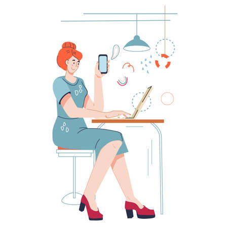 Woman working on laptop in the office or at home, typing on computer and making phone calls, flat vector illustration isolated. Cartoon character of executive person or business woman making a career.のイラスト素材