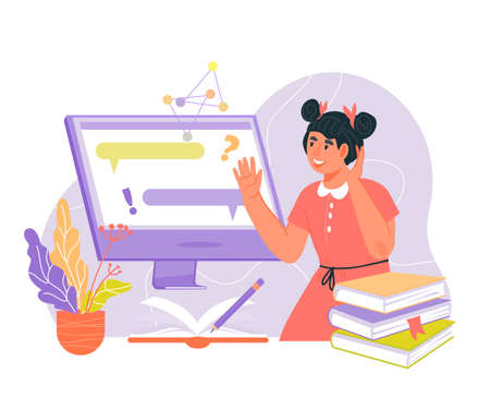 Kids online education and computer school concept with cheerful cute girl, flat vector illustration isolated on white background. Distance education for children.のイラスト素材
