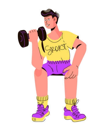 Young man doing sport exercises with dumbbells, flat cartoon vector illustration isolated on white background. Man leading healthy lifestyle and doing power sport workout. Fitness and gym topic.のイラスト素材