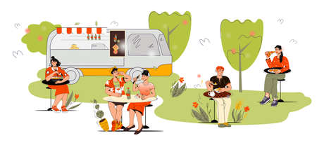 Street food festival or market with eating people and food truck, vector cartoon illustration. People men and women eating at a street food fair from a cafe on wheels.のイラスト素材