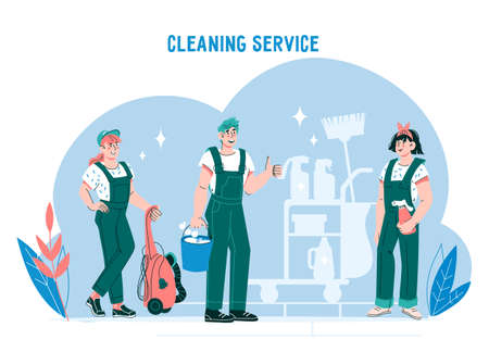 Cleaning service banner or poster template with smiling cleaners, cartoon flat vector illustration isolated on white background. Cleaning company advertising banner design.のイラスト素材