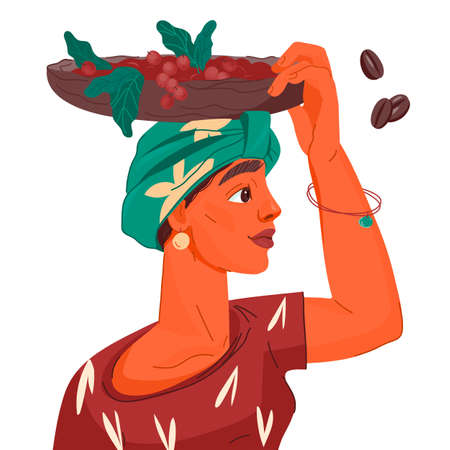 Coffee Farmer female character of african woman with basket. Woman carrying harvest of coffee beans, flat vector illustration isolated on white background.のイラスト素材