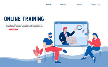 Online video training website banner with people studying remotely and taking part in web conference, cartoon vector illustration. Online business training and distance education.のイラスト素材