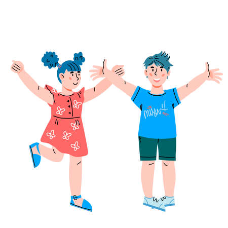 Happy boy and girl cartoon characters smiling, jumping and raising hands, flat vector illustration isolated on white background. Smiling happy joyful children.のイラスト素材