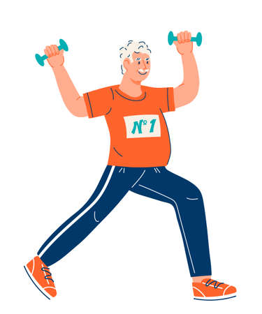 Funny elderly senior man of retirement age keep fit and health through sport exercises, cartoon flat vector illustration isolated on white background.のイラスト素材