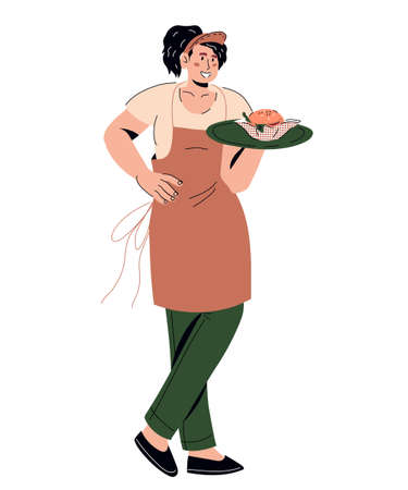 Friendly polite young waitress holding a tray with food, cartoon vector illustration isolated on white background. Restaurant or cafe personnel, staff member at work.のイラスト素材