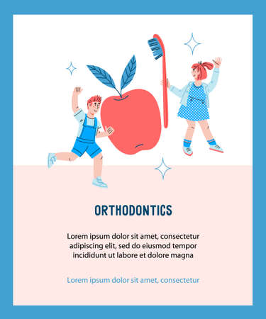 Banner for orthodontic dental services for children with kids and oral care tools. Kids characters for children oral health clinic and pediatric dentistry, isolated vector cartoon illustration.のイラスト素材