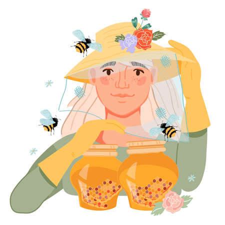 Beekeeper or apiarist female character with jar of honey, flat vector illustration isolated on white...