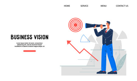 Business vision and career opportunity website concept with businessman, flat vector illustration. Personal growth, strategic business planning, goals and brand success.のイラスト素材