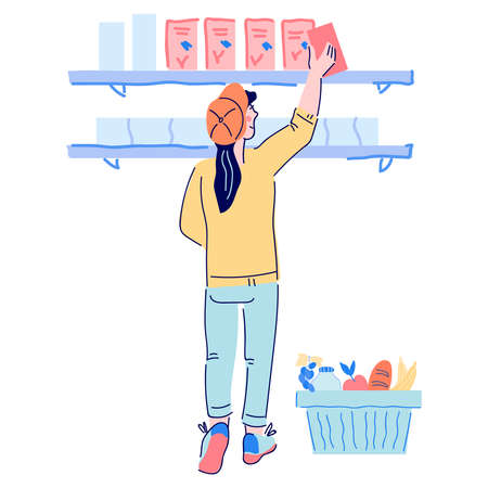 Woman buyer taking food from supermarket shelves, cartoon vector illustration isolated on white background. Woman buying goods in grocery shop or supermarket.のイラスト素材