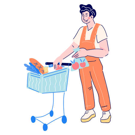 Man buyer purchasing food in supermarket and putting goods into shopping trolley, cartoon vector illustration isolated on white background. Young man buying goods in grocery shop or supermarket.のイラスト素材