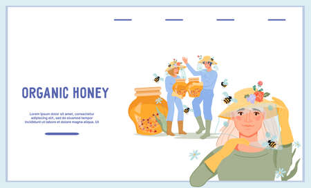 Web site or landing page banner with hiver or beekeeper characters, flat vector illustration....