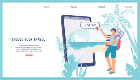 Concept website of Book your travel and trip planning online. Smart hospitality industry and travel agency service. Booking hotel and tickets online app, flat vector illustration.のイラスト素材