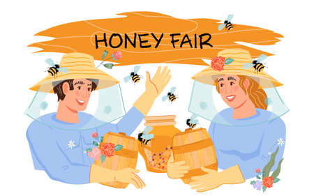 Honey fair or festival poster template with hiver man and woman, flat vector illustration isolated on white background. Invitation banner or poster to honey market with beekeepers or apiarists.のイラスト素材