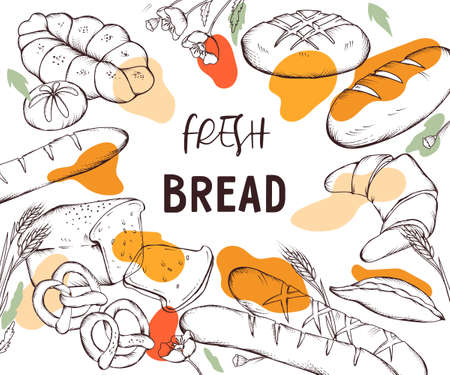 Banner or card backdrop with bread and bakery items, hand drawn engraving style vector illustration...