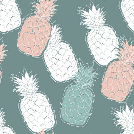 Pineapple summer seamless pattern design with stylish fruits on greenish background. Jungle texture repeatable endless summer tropical background. Textile floral botanical print.のイラスト素材