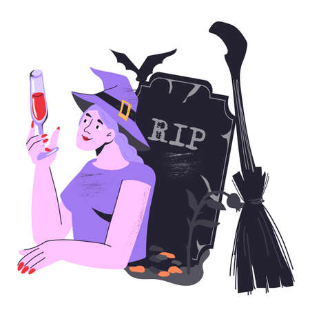 Witch girl in grave celebrating Halloween, flat cartoon vector illustration isolated on white background. Comic image for Halloween holiday greeting cards and invitations.のイラスト素材