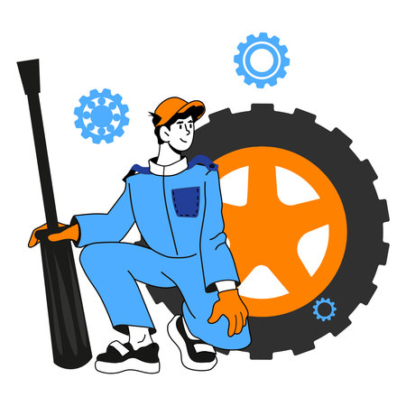 Tire or car service auto mechanic cartoon character against huge wheel, vector illustration isolated on white background. Design for car repair and maintenance technical workshop.のイラスト素材