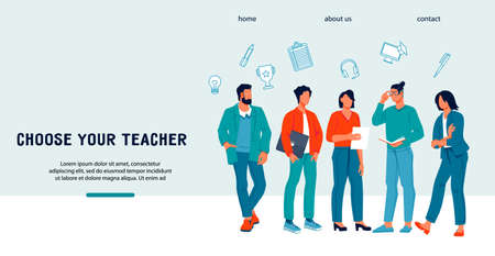 Website of university or other educational institution, online courses with group of young teachers. Web banner for education topic, flat vector illustration. Choose Your teacher concept.のイラスト素材
