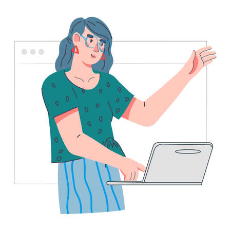 Woman with laptop surfing the network, cartoon vector illustration isolated on white background. Freelance or studying, online communication and remote education concept.のイラスト素材