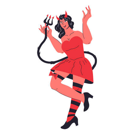 Halloween red devil girl cartoon character, vector illustration isolated on white background. Scary sexy and beautiful witch woman for Halloween card or poster.のイラスト素材