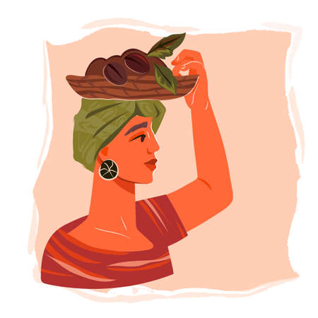 Woman with basket of coffee beans, hand drawn flat vector illustration isolated on white background. Coffee emblem for packaging design element.のイラスト素材
