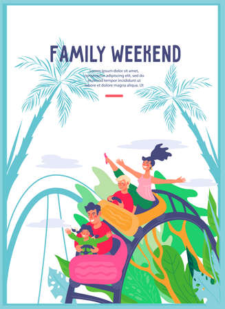 Family weekend in amusement park banner or card template, flat vector illustration. People riding roller coaster in amusement park, fair carnival. Weekend joint family activity.のイラスト素材