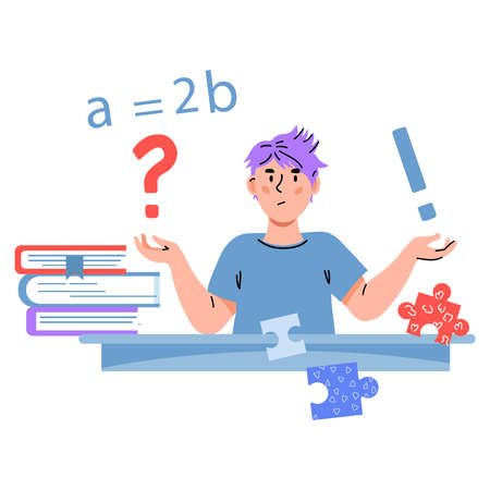 Child having question while studying. Boy sitting at table with confused face expression sitting at table surrounded with question marks, cartoon vector illustration isolated on white background.のイラスト素材