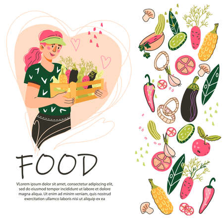 Farm food banner or flyer template with woman farmer character. Eco market and harvest festival, vegetarian shop. Local market and vegan food, cartoon vector illustration isolated on white.のイラスト素材