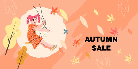 Autumn sale for children banner or flyer, cartoon flat vector. Kids shop sale event flyer or poster, voucher design with cute child on swing among autumn leaves falling.のイラスト素材