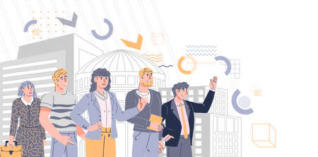 Website banner with business team looking for new opportunity. Landing web page template with successful confident business people in cityscape. Professional financial success, vector illustration.のイラスト素材