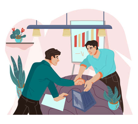 Business agreement, deal conclusion scene with handshaking men cartoon characters. Partnership contract or agreement signing. Successful business negotiation, flat vector illustration isolated.のイラスト素材