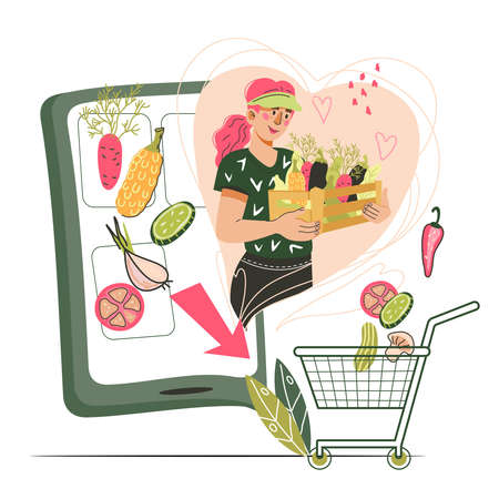 Online grocery and farm internet store banner. Farmer offering his vegetables from mobile phone screen. Eco farm online market, grocery or supermarket, cartoon vector illustration isolated on white.のイラスト素材