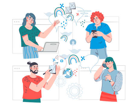 Online conference or video call meeting with people on computer screen talking with colleagues. Video conference and online meeting, flat cartoon vector illustration isolated on white background.のイラスト素材