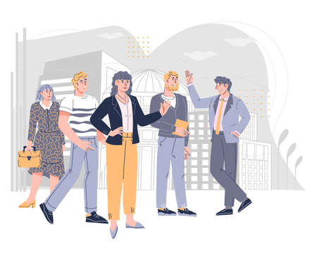 Group of successful confident business people standing on city street. Business team of high...