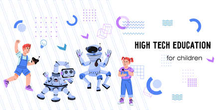 High Tech and Robotics education for children. Website banner with school children programming robots, flat vector illustration. Robotics and programming courses for kids.のイラスト素材