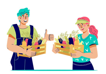 Farmers holding boxes with fresh vegetables. People presenting local organic and farm production, harvest of vegetables and fruits, cartoon vector illustration isolated on white background.のイラスト素材
