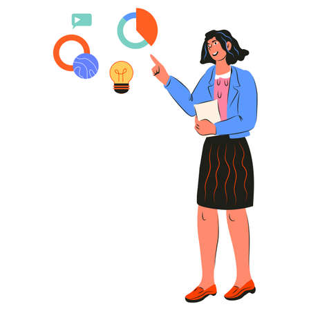 Business woman in formal wear pointing at chats and diagrams, cartoon vector illustration isolated on white background. Woman executive or business analytic leading presentation.のイラスト素材