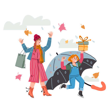 Autumn shopping concept with mother and daughter at backdrop of huge umbrella buying goods. Family fall season shopping, cartoon vector illustration isolated on white background.のイラスト素材