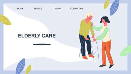 Elderly people Health Care website banner template with nurse caregiver helping aged man. Medical services for old people and nursing house website page, flat vector illustration.のイラスト素材