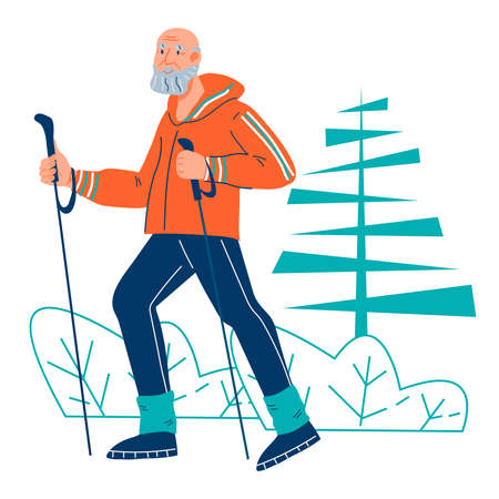 Elderly man or grandfather at nordic walk training outdoors, flat cartoon vector illustration isolated on white background. Retirement age sport activity and health care.のイラスト素材