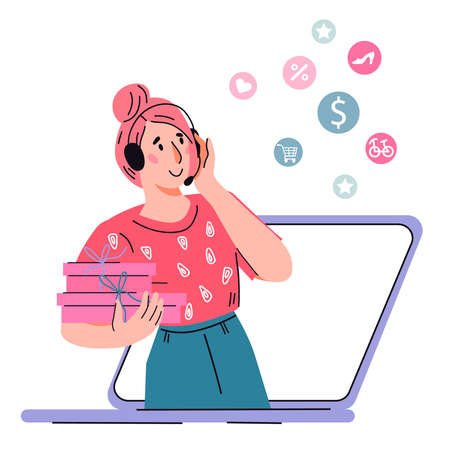 Support center telephone operator talking to customer, flat vector illustration isolated on white background. Sales management and call center employee.のイラスト素材