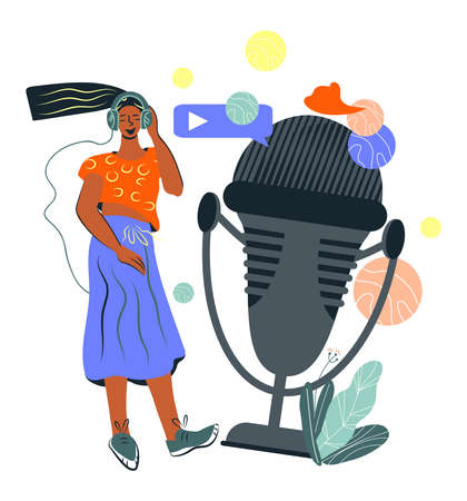 Woman listening online broadcast or live streaming. Entertaining and educational technology in social network. Blogging podcast and streaming audio version. Flat vector illustration isolated on white.のイラスト素材