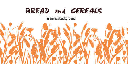 Endless wheat, barley and oat cereals silhouette background, flat vector illustration isolated on white background. Seamless repeatable border for bread packs and bakehouse designs.のイラスト素材