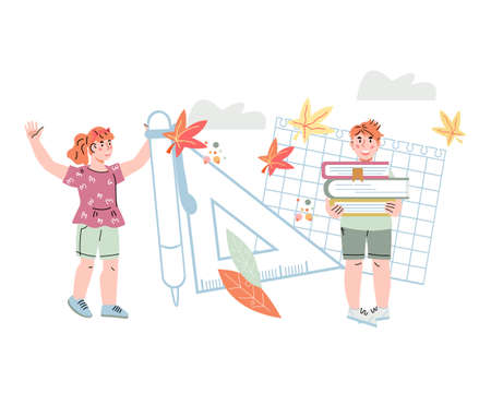 Back to school design with school children against backdrop of school supplies and stationery. Schooling, learning and kids education, flat cartoon vector illustration isolated on white background.のイラスト素材