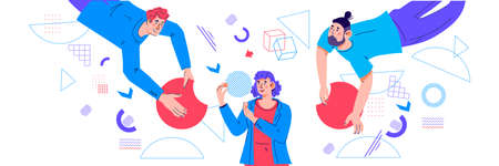 Business collaboration and partnership, teamwork concept with colleagues studying infographic. Cooperation and participation in business project, flat vector illustration isolated on white.のイラスト素材