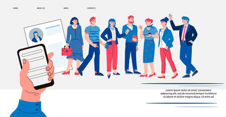 Website banner for HR recruitment agency. Online job Interview and hiring staff concept for web or presentation and social media network, flat vector illustration.のイラスト素材