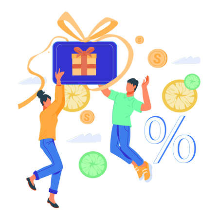 Cheerful buyers or shoppers, happy users of gift card or shopping voucher. Cashback and clients loyalty program, business consumerism concept, flat vector illustration isolated on white background.のイラスト素材